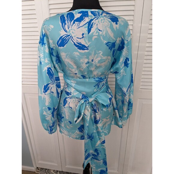 Carlisle Collection Top Women sz 12 100% Silk Blue Boho Long Sleeve Blouse Sash - Picture 16 of 16